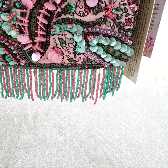 Viral Beaded Pink, Blue, & Purple Paisley Shoulder Bag w/ Beaded Fringe - Picture 8 of 8